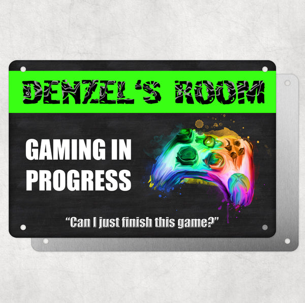 Boys Personalised Bedroom Plaque – "Gaming in Progress | Can I Just Finish This Game?" – Aluminium Metal Sign | Game Controller Design | Gift for Him