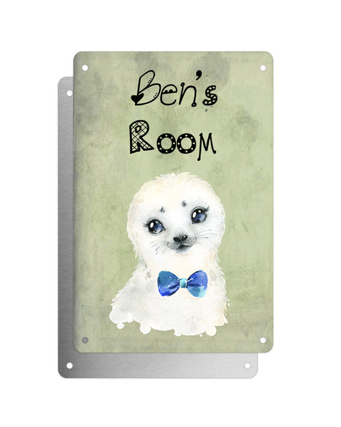 Cute Animal Personalised Name Plaque – Baby Seal With Blue Bow Tie | Vintage-Style Green Aluminium Sign for Kids’ Room