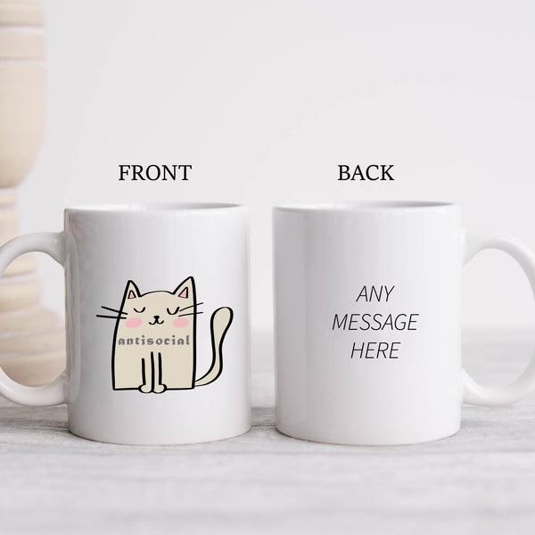 Antisocial, Funny Birthday Gift with Cream Cat Design, Personalised Mug
