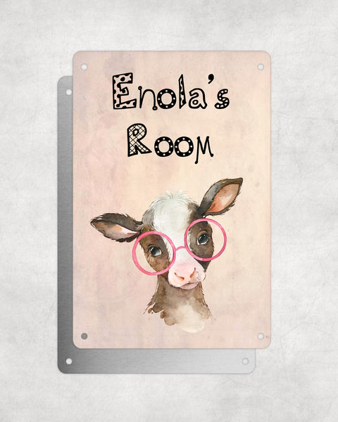 Cute Animal Personalised Name Plaque – Baby Calf With Pink Glasses | Vintage-Style Aluminium Sign for Kids’ Room