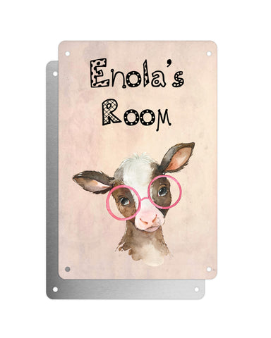 Cute Animal Personalised Name Plaque – Baby Calf With Pink Glasses | Vintage-Style Aluminium Sign for Kids’ Room