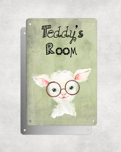 Cute Animal Personalised Name Plaque – Baby Lamb With Brown Glasses | Vintage-Style Green Aluminium Sign for Kids’ Room