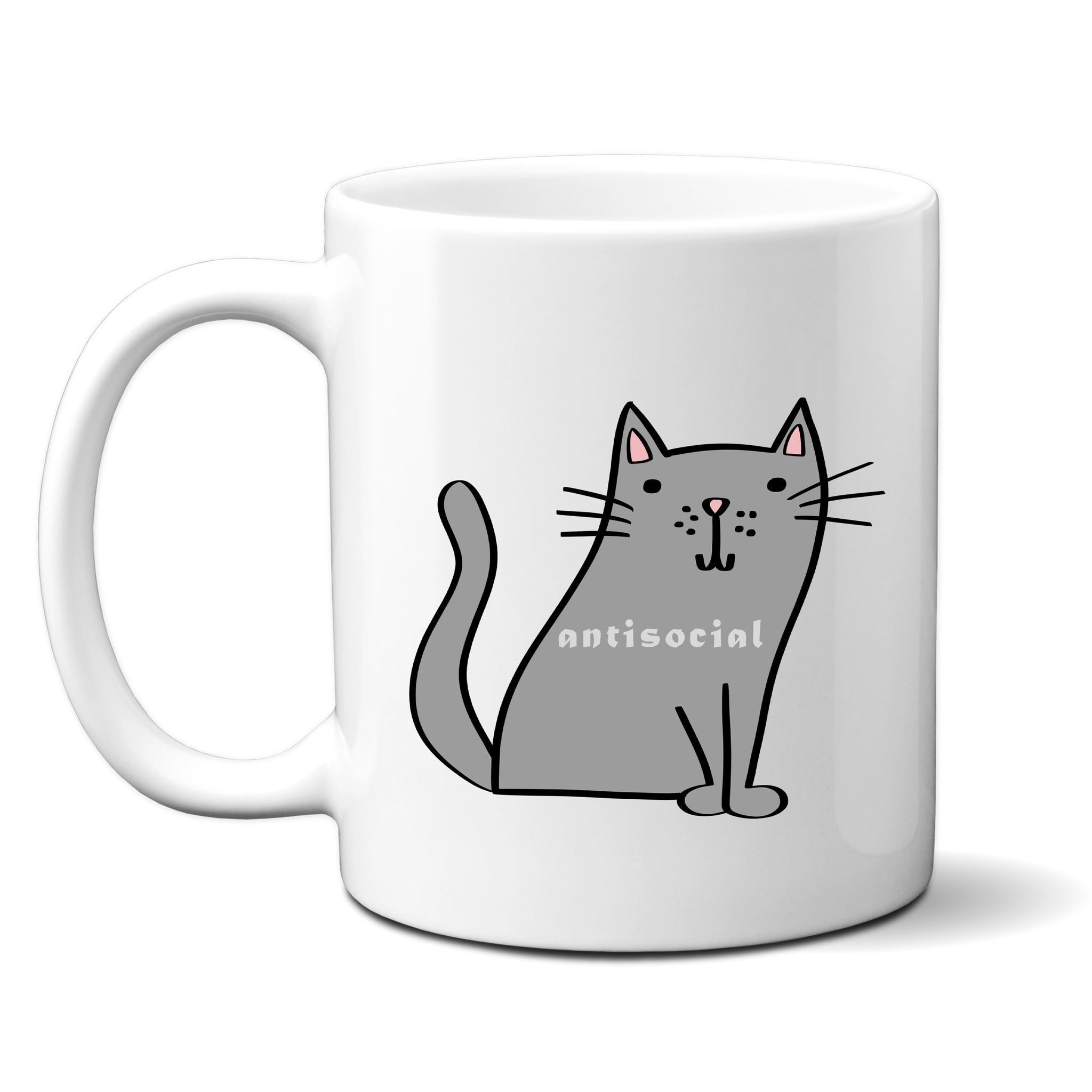 Antisocial, Funny Birthday Gift with Grey Cat Design, Personalised Mug