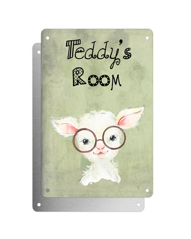 Cute Animal Personalised Name Plaque – Baby Lamb With Brown Glasses | Vintage-Style Green Aluminium Sign for Kids’ Room