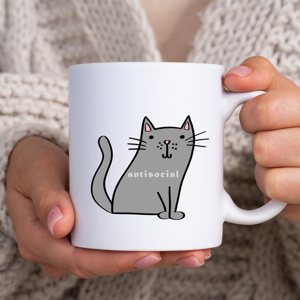 Antisocial, Funny Birthday Gift with Grey Cat Design, Personalised Mug