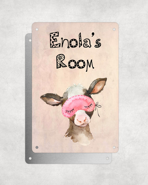 Cute Animal Personalised Name Plaque – Baby Calf With Sleep Mask | Vintage-Style Aluminium Sign for Kids’ Room