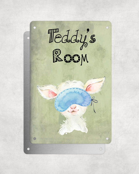 Cute Animal Personalised Name Plaque – Baby Lamb With Sleep Mask | Vintage-Style Green Aluminium Sign for Kids’ Room