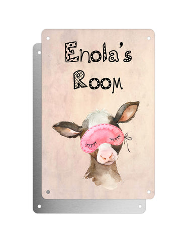Cute Animal Personalised Name Plaque – Baby Calf With Sleep Mask | Vintage-Style Aluminium Sign for Kids’ Room