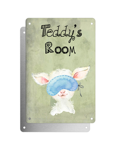 Cute Animal Personalised Name Plaque – Baby Lamb With Sleep Mask | Vintage-Style Green Aluminium Sign for Kids’ Room