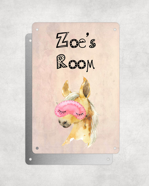 Cute Animal Personalised Name Plaque – Baby Foal With Sleep Mask | Vintage-Style Aluminium Sign for Kids’ Room