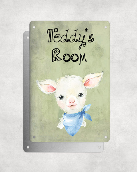 Cute Animal Personalised Name Plaque – Baby Lamb With Blue Neck Tie | Vintage-Style Green Aluminium Sign for Kids’ Room