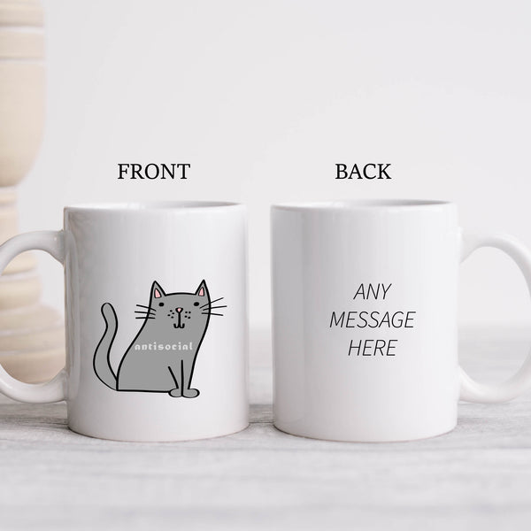 Antisocial, Funny Birthday Gift with Grey Cat Design, Personalised Mug