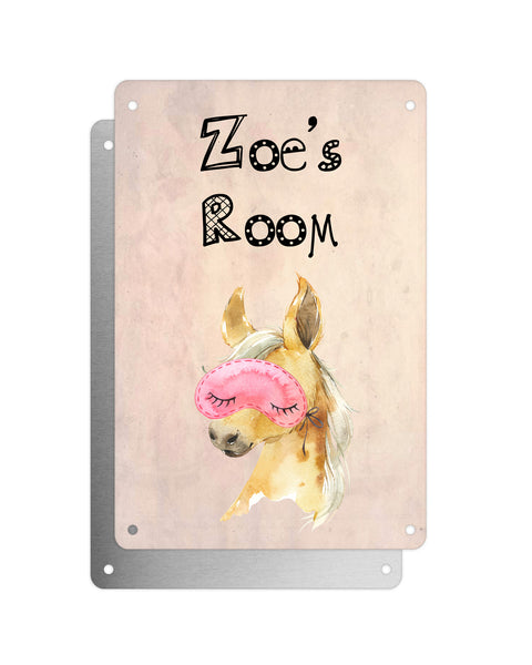 Cute Animal Personalised Name Plaque – Baby Foal With Sleep Mask | Vintage-Style Aluminium Sign for Kids’ Room