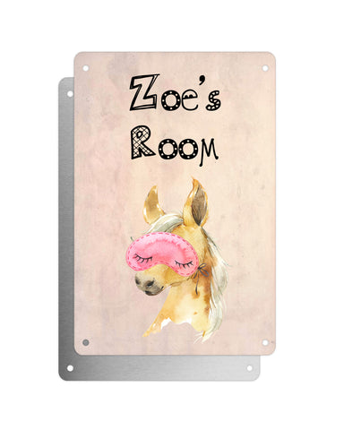 Cute Animal Personalised Name Plaque – Baby Foal With Sleep Mask | Vintage-Style Aluminium Sign for Kids’ Room