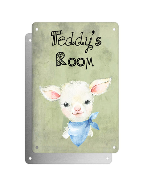 Cute Animal Personalised Name Plaque – Baby Lamb With Blue Neck Tie | Vintage-Style Green Aluminium Sign for Kids’ Room