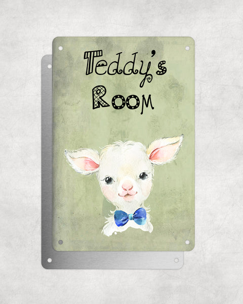 Cute Animal Personalised Name Plaque – Baby Lamb With Blue Bow Tie | Vintage-Style Green Aluminium Sign for Kids’ Room