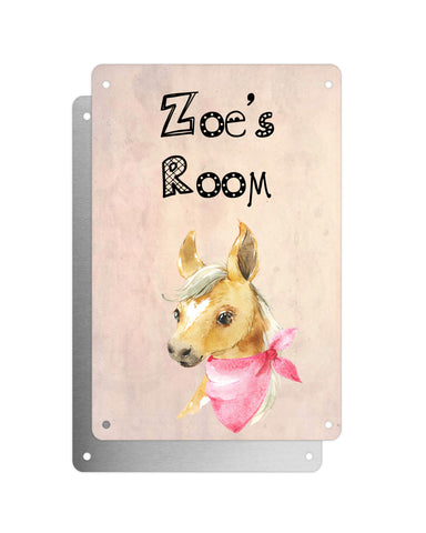 Cute Animal Personalised Name Plaque – Baby Foal With Pink Neck Tie | Vintage-Style Aluminium Sign for Kids’ Room