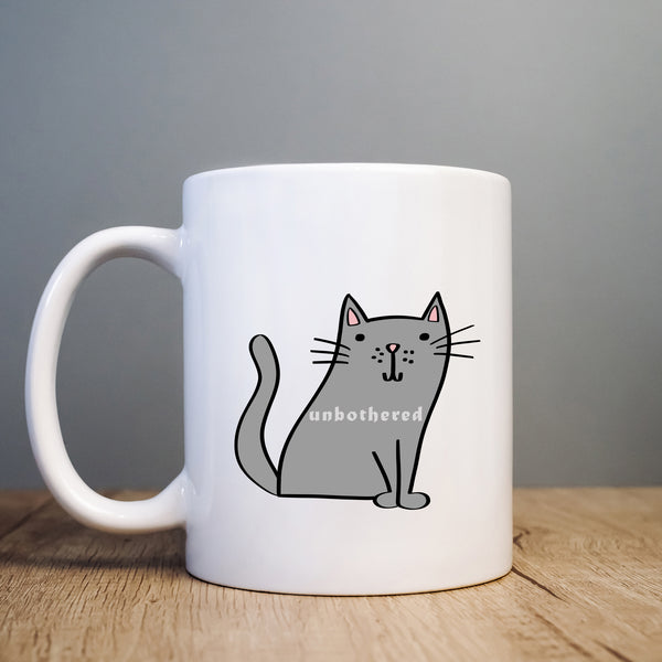 Unbothered, Funny Birthday Gift with Grey Cat Design, Personalised Mug