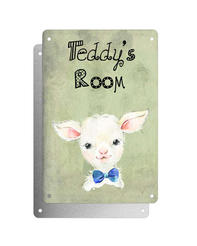 Cute Animal Personalised Name Plaque – Baby Lamb With Blue Bow Tie | Vintage-Style Green Aluminium Sign for Kids’ Room