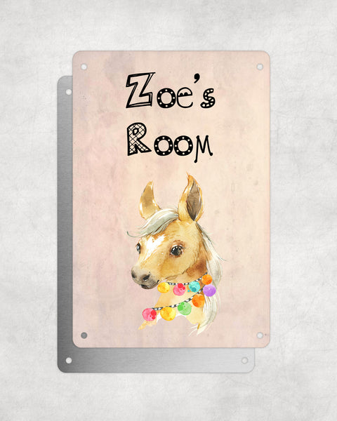Cute Animal Personalised Name Plaque – Baby Foal With Hawaiian Lei | Vintage-Style Aluminium Sign for Kids’ Room