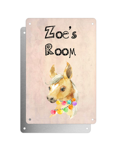 Cute Animal Personalised Name Plaque – Baby Foal With Hawaiian Lei | Vintage-Style Aluminium Sign for Kids’ Room