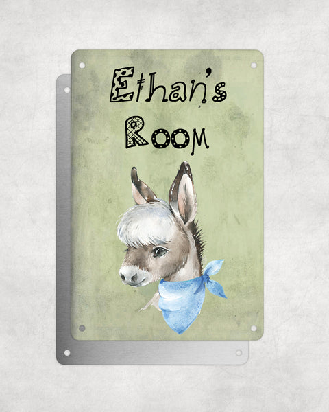 Cute Animal Personalised Name Plaque – Baby Donkey With Blue Neck Tie | Vintage-Style Green Aluminium Sign for Kids’ Room