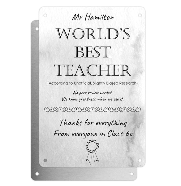 Personalised Teacher Tribute Aluminium Plaque – 'World's Best Teacher' With Award Graphic, Leaving Gift