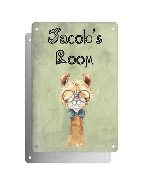 Cute Animal Personalised Name Plaque – Funny Llama Long Hair With Brown Glasses & Bow Tie | Vintage-Style Green Aluminium Sign for Kids’ Room