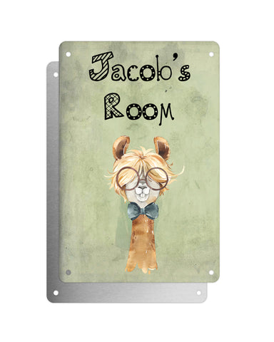 Cute Animal Personalised Name Plaque – Funny Llama Long Hair With Brown Glasses & Bow Tie | Vintage-Style Green Aluminium Sign for Kids’ Room