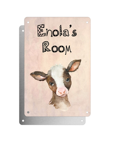 Cute Animal Personalised Name Plaque – Baby Calf | Vintage-Style Aluminium Sign for Kids’ Room