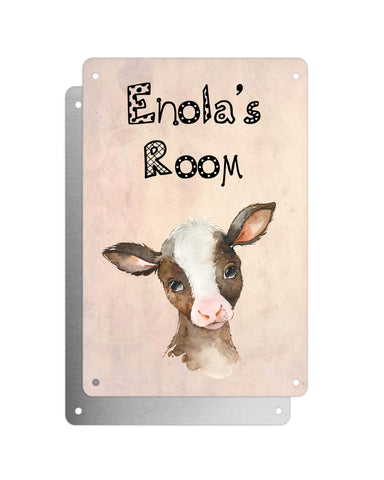 Cute Animal Personalised Name Plaque – Baby Calf | Vintage-Style Aluminium Sign for Kids’ Room