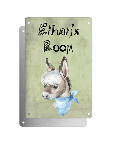 Cute Animal Personalised Name Plaque – Baby Donkey With Blue Neck Tie | Vintage-Style Green Aluminium Sign for Kids’ Room
