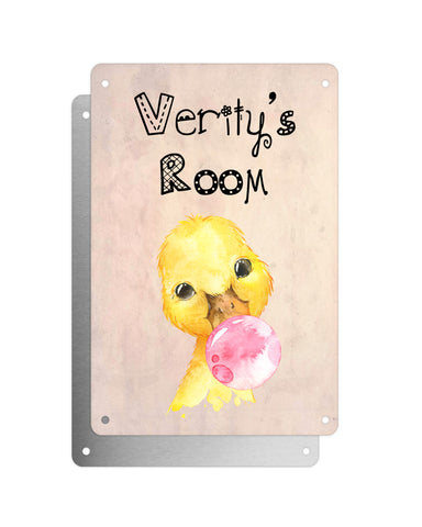 Cute Animal Personalised Name Plaque – Baby Duck With Bubblegum | Vintage-Style Aluminium Sign for Kids’ Room