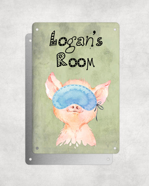 Cute Animal Personalised Name Plaque – Baby Pig With Sleep Mask | Vintage-Style Green Aluminium Sign for Kids’ Room