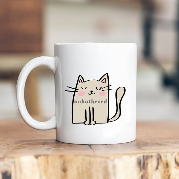 Unbothered, Funny Birthday Gift with Cream Cat Design, Personalised Mug