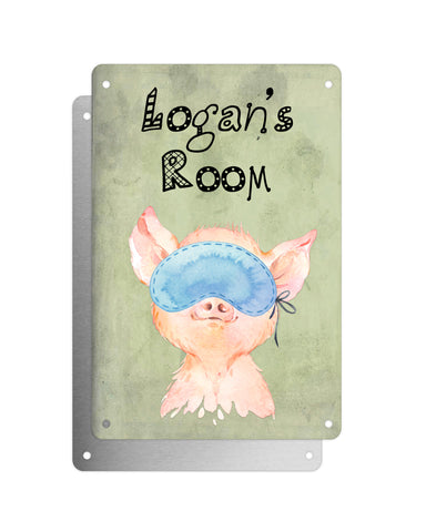 Cute Animal Personalised Name Plaque – Baby Pig With Sleep Mask | Vintage-Style Green Aluminium Sign for Kids’ Room