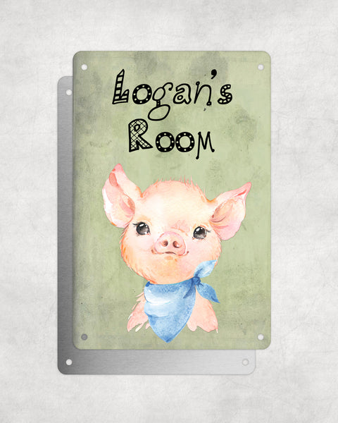 Cute Animal Personalised Name Plaque – Baby Pig With Blue Neck Tie | Vintage-Style Green Aluminium Sign for Kids’ Room