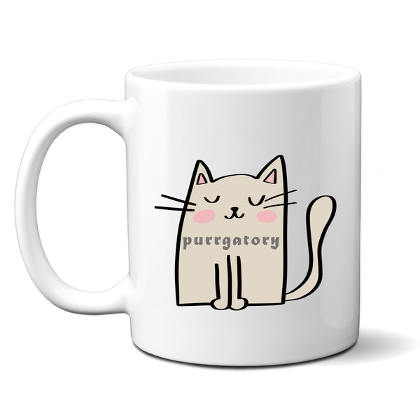 Purrgatory, Funny Birthday Gift with Cream Cat Design, Personalised Mug