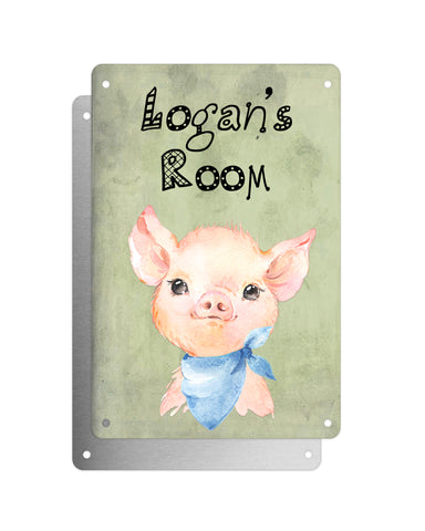 Cute Animal Personalised Name Plaque – Baby Pig With Blue Neck Tie | Vintage-Style Green Aluminium Sign for Kids’ Room