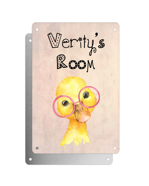 Cute Animal Personalised Name Plaque – Baby Duck With Pink Glasses | Vintage-Style Aluminium Sign for Kids’ Room