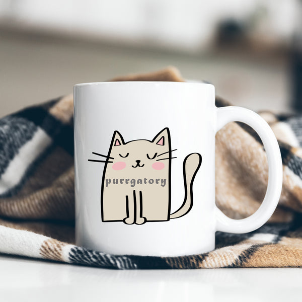 Purrgatory, Funny Birthday Gift with Cream Cat Design, Personalised Mug