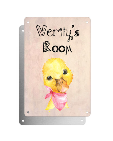 Cute Animal Personalised Name Plaque – Baby Duck With Pink Neck Tie | Vintage-Style Aluminium Sign for Kids’ Room