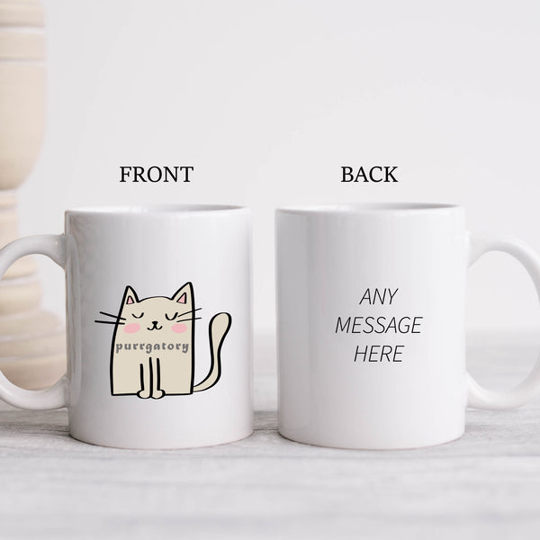 Purrgatory, Funny Birthday Gift with Cream Cat Design, Personalised Mug