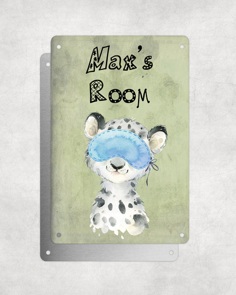 Cute Animal Personalised Name Plaque – Baby Leopard With Sleep Mask | Vintage-Style Green Aluminium Sign for Kids’ Room