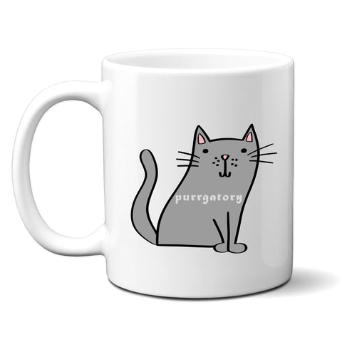 Purrgatory, Funny Birthday Gift with Grey Cat Design, Personalised Mug