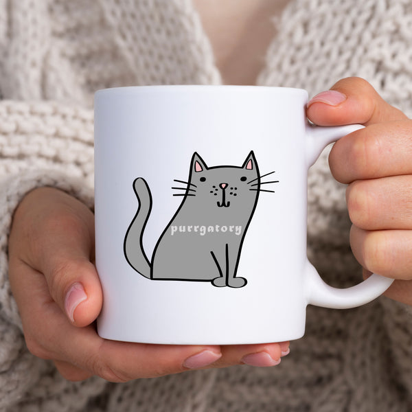 Purrgatory, Funny Birthday Gift with Grey Cat Design, Personalised Mug