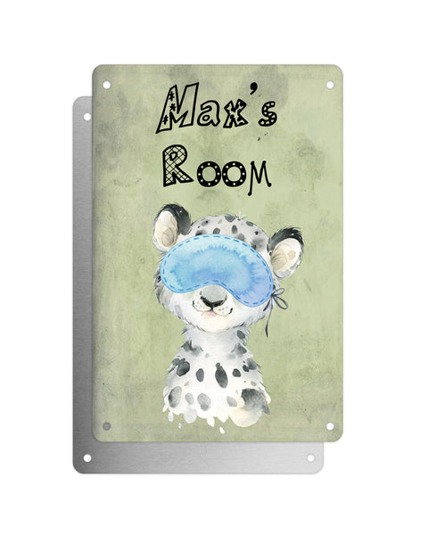Cute Animal Personalised Name Plaque – Baby Leopard With Sleep Mask | Vintage-Style Green Aluminium Sign for Kids’ Room