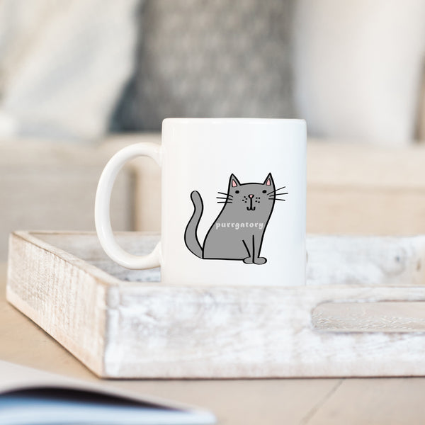 Purrgatory, Funny Birthday Gift with Grey Cat Design, Personalised Mug