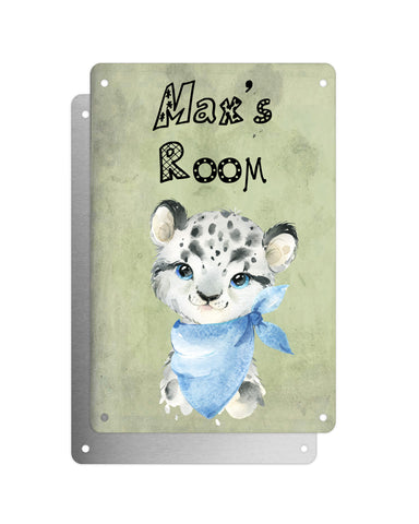 Cute Animal Personalised Name Plaque – Baby Leopard With Blue Neck Tie | Vintage-Style Green Aluminium Sign for Kids’ Room