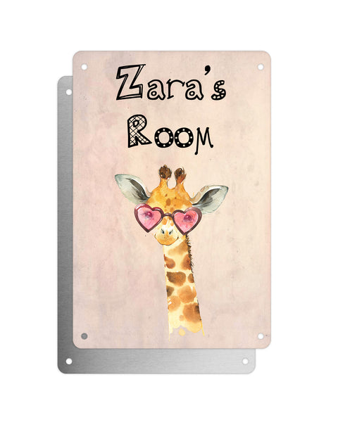 Cute Animal Personalised Name Plaque – Baby Giraffe With Sleep Mask | Vintage-Style Aluminium Sign for Kids’ Room